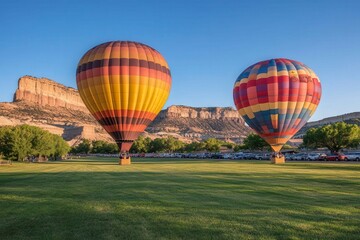 Obraz premium Colorful Hot Air Balloons at Sunrise in Scenic Landscape