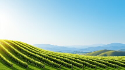 Fototapeta premium Lush vineyard landscape under a clear blue sky.