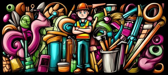 Cartoon worker surrounded by tools, colorful art on black.