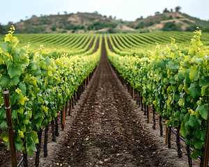 Vineyard rows, green grapes growing, hills background, wine production, agriculture.