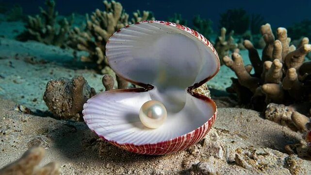 Close up of an open shell in which one pearl in it at the bottom of the ocean