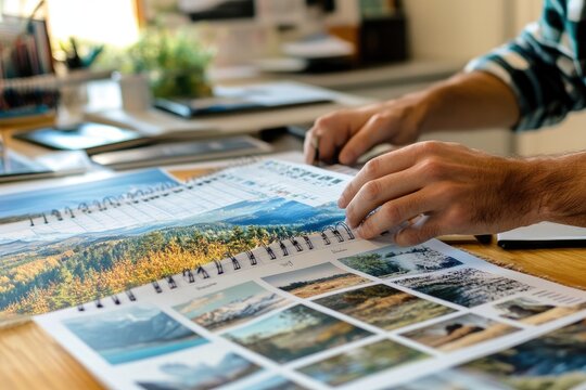 A professional designer working on the layout of a custom calendar, arranging photos of landscapes and making sure the months align with the images.