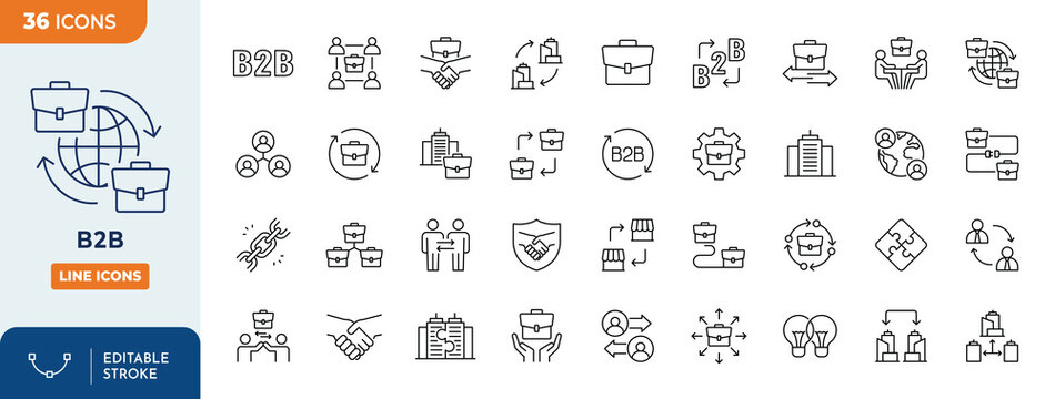 B2B Icons set. Business to Business icon set. containing B2B, business, commerce, trade, company, corporate, services and more. Outline Icon Collection. Vector illustration. Editable stroke	