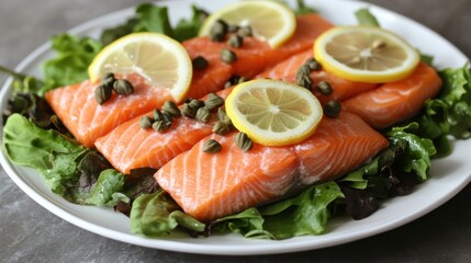 Salmon fillets, capers, lemon on lettuce on a plate.
