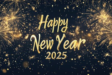 A radiant New Year's Eve design with "Happy New Year 2025" text glowing in gold, surrounded by sparkling fireworks and golden sparkler effects.