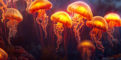 Fototapeta premium Glowing Jellyfish in Deep Ocean Bioluminescence