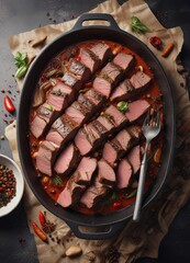 Juicy beef strips float in the air above a pan filled with aromatic spices and black pepper corns, creating a mouthwatering scene, kitchen magic, aromatic spices