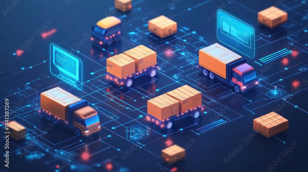 Poster truck network on circuit board background with boxes and data displays.
