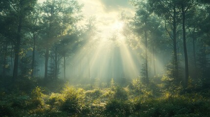 Sunbeams pierce misty, green forest.