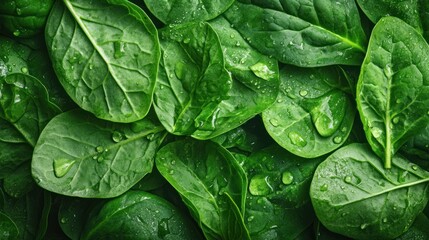 Fototapeta premium Fresh green spinach leaves with water drops.