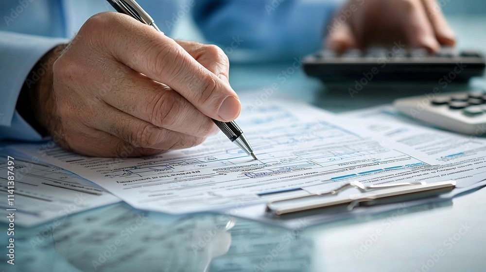 Poster a clean and professional shot of a tax consultant s organized workspace with a person reviewing fina