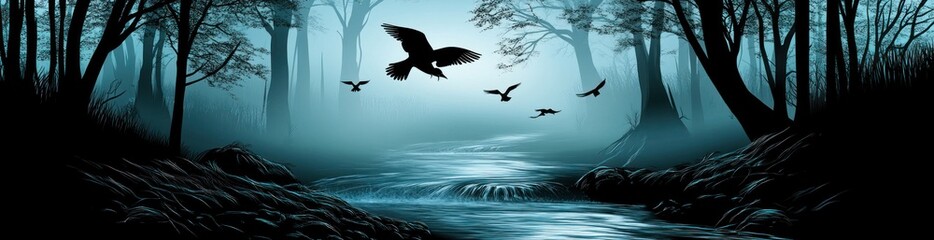 Obraz premium Dark forest river with flying birds.