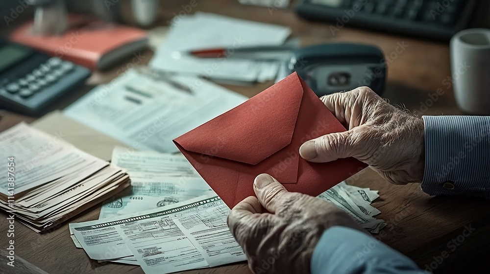 Aufkleber professional image of a person holding a tax submission envelope with various financial statements r