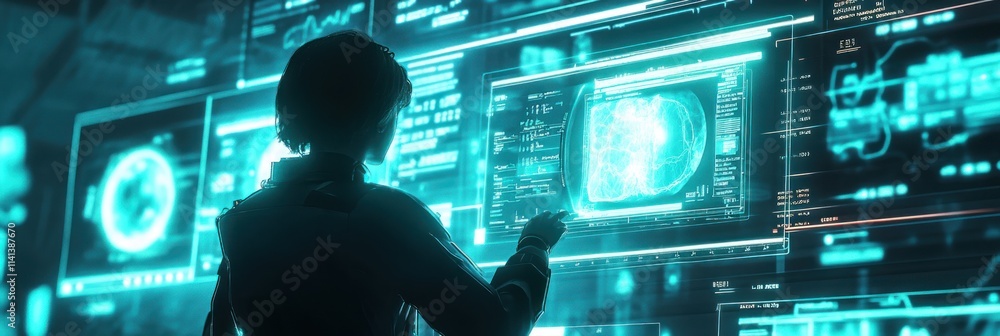 Poster person analyses data on multiple bright computer screens, indoor.