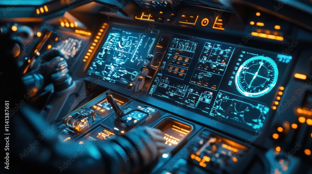 Poster pilot operating futuristic control panel with glowing screens.