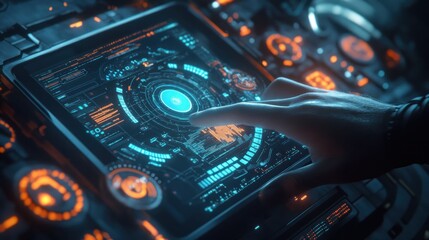 Obraz premium Finger touching futuristic digital screen with data and lights.