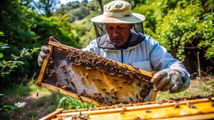 Beekeeper inspecting honeycomb frame covered in bees