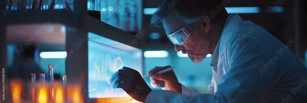 Poster scientist analyzes data on screen in lab.