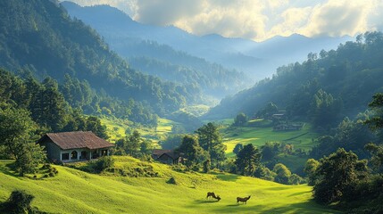 Fototapeta premium Serene landscape with rolling hills, horses, and a cozy house amidst lush greenery.