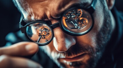 Man inspecting intricate watch gears with magnifying eyeglasses.