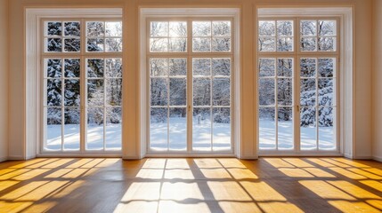 Winter Wonderland View through Two Large Windows Cozy Interior Daylight Serene Environment