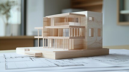 Wood house model on blueprints,  modern architecture.
