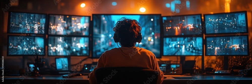 Poster a person monitors multiple screens displaying urban scenes, immersed in technology.