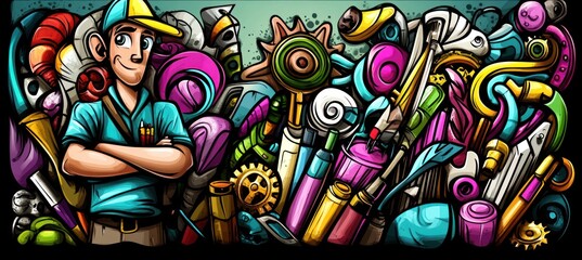 Cartoon man with art supplies, creative chaos, colorful painting tools.