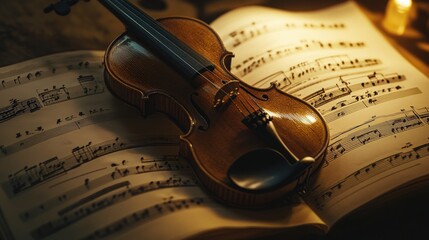 Fototapeta premium Violin and Sheet Music in Warm Light
