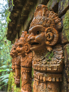 Jungle Temple Carved Stone Faces, Mossy Wall, Indonesia, Travel Poster.