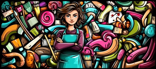 Artist with tools in colorful design.