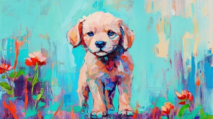 Cute puppy painting with flowers, abstract background, soft light.