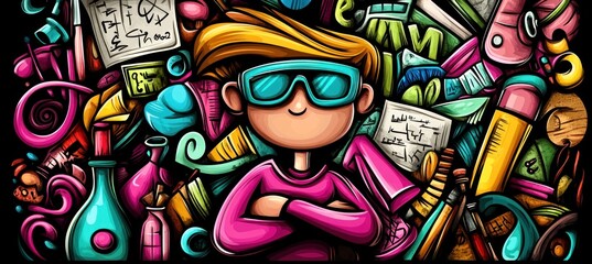 Cartoon boy with artistic supplies doodle background.