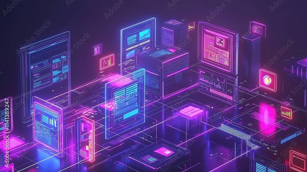 Aufkleber Futuristic digital network with glowing interfaces and data blocks.