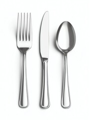 A set of silver cutlery including a fork, knife, and spoon, arranged neatly on a white background, ideal for dining settings.