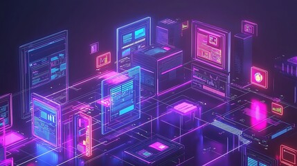 Futuristic digital network with glowing interfaces and data blocks.