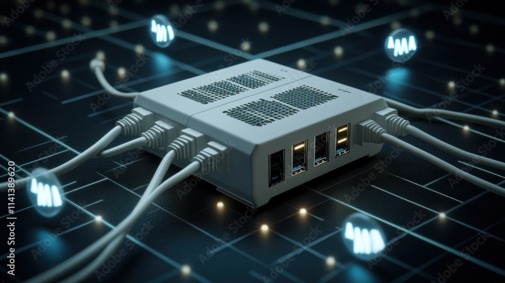 Poster network device with cables and digital icons on grid surface.
