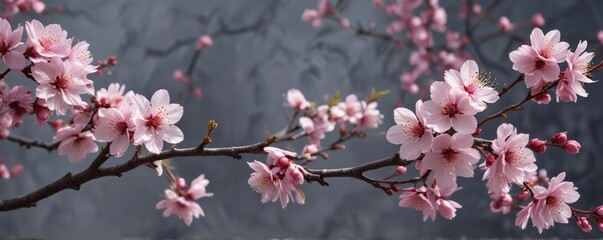 A delicate cherry blossom branch with a small skeleton in the center, spring, serene, peaceful