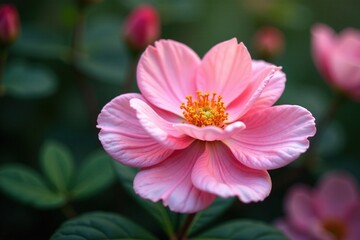 A delicate flower on a crumpled pink petal pad, branch, leafy, foliage