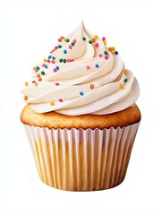 A delicious cupcake topped with fluffy white frosting and colorful sprinkles, perfect for celebrations and sweet treats.