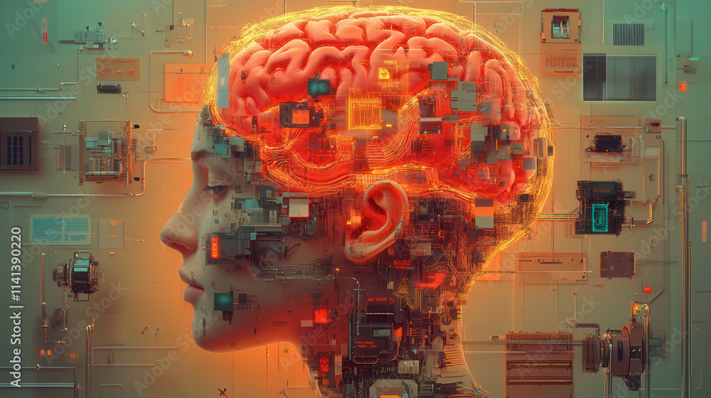 Poster cybernetic brain with glowing circuits and digital elements, symbolizing advanced technology and art