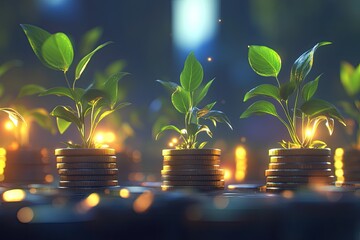 A symbolic representation of economic growth: plants thriving atop rising stacks of coins, with glowing light flares adding warmth and positivity.