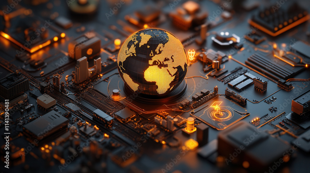 Aufkleber digital globe illuminated by orange lights, surrounded by circuit patterns and technology