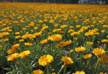 Obraz premium A field of bright yellow marigold flowers with tall stalks and delicate petals, bright yellow marigolds, flowering plants, farm landscape
