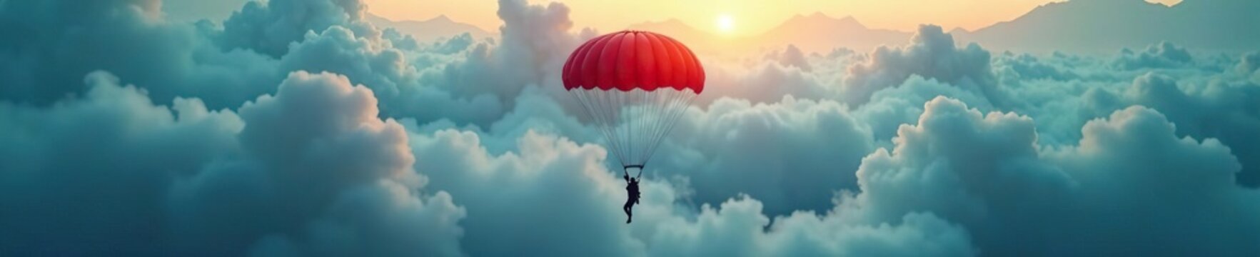 Parachute descending slowly with a mysterious bundle, fog, slow