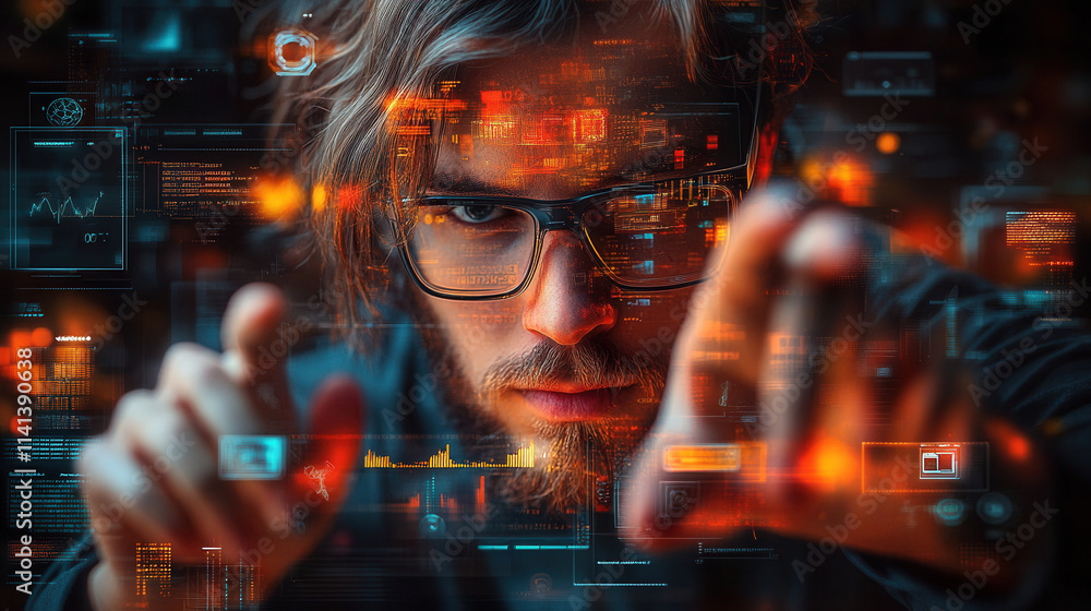 Aufkleber futuristic ai assistant analyzing cybersecurity data with intense focus