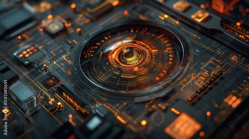 Poster futuristic digital network with intricate eye design and glowing circuits
