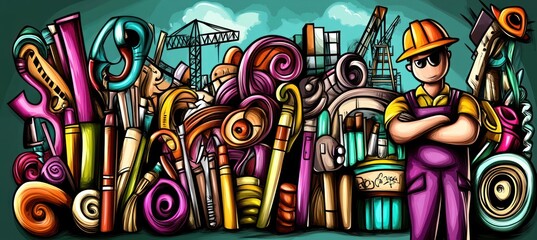 Fototapeta premium Cartoon builder with colorful tools, construction site background.