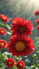 A honey bee in flight with the bright red dahlia flower in its path collecting nectar, sunshine, blossoms, yellow background