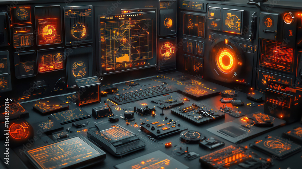 Poster futuristic workspace filled with advanced technology and glowing interfaces, showcasing high tech en